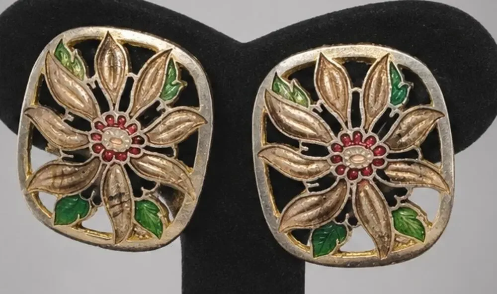 Vintage Large Tropical Flower Cloisonne Enameled Clip-On Earrings, Square rp-